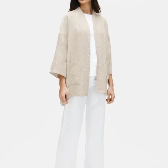 Eileen Fisher Beige Open-Front Linen Kimono Jacket - Picture 3 of 12
